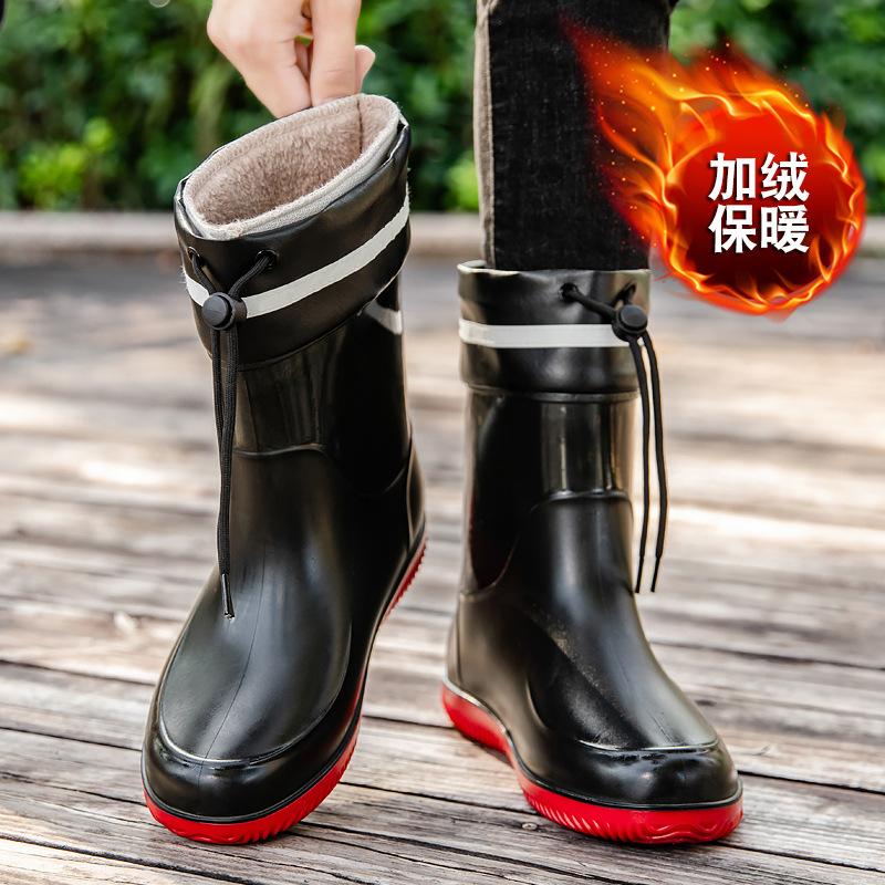 

Мужские непромокаемые ботинки большого размера, средней высоты голенища, модные уличные водонепроницаемые ботинки на толстой подошве, термокороткие резиновые ботинки 43