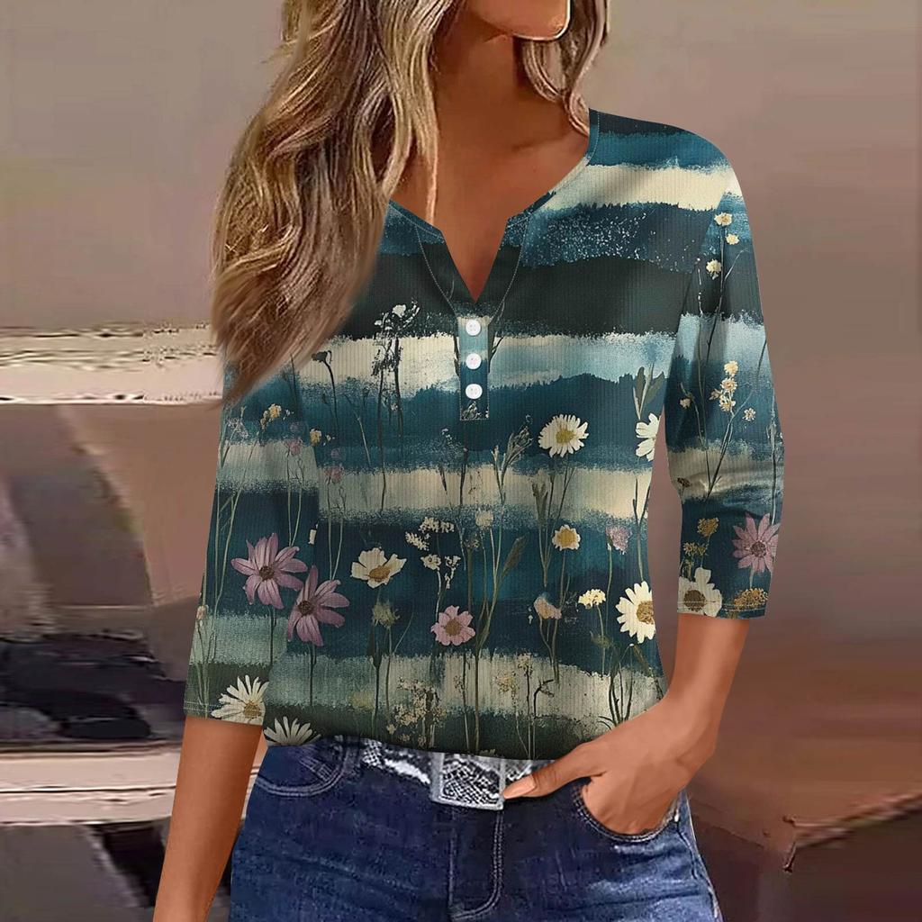 Women's T Shirt Tee Print Button 3/4 Sleeve Tunic Daily Weekend Fashion Basic V- Neck Regular Top
