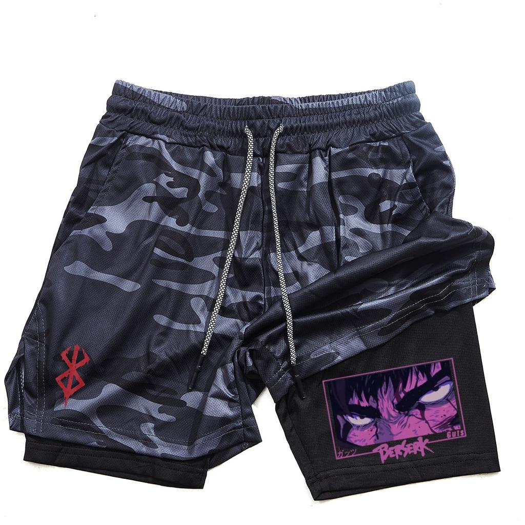 Pantalones cortos de gimnasio para hombre, ropa deportiva 2 en 1 de Anime para correr, trotar, entrenamiento, Yoga, baloncesto