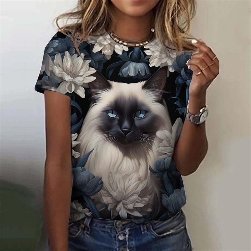 Women's T-shirt with Cute Cat Pattern 3D Printed for Girls, Summer Casual and Fashionable Women's Short Sleeved Oversized T-shirt