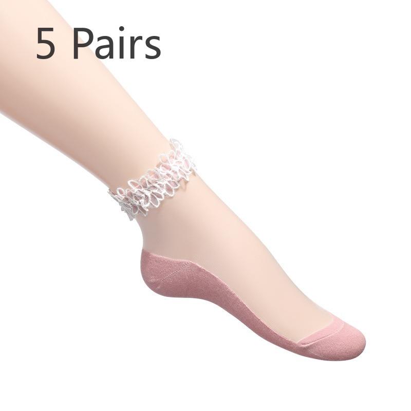 

5 пар женских весенне-летних кружевных носков из сетки, однотонных, тонких, невидимых, дышащих, из хрустального шелка, коротких 5 Pairs розовый