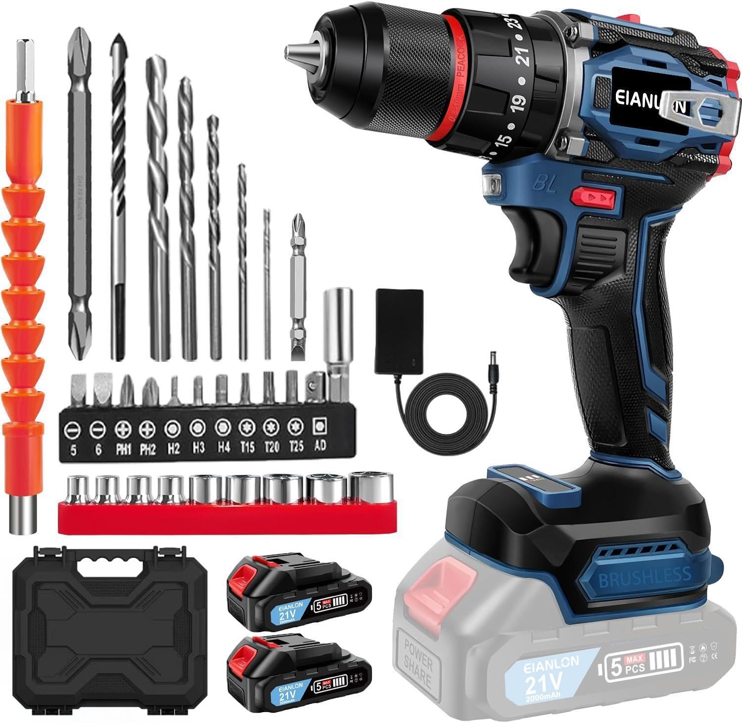 

EIANLON Electric Screwdriver and Drill with Brushless Compatible with Maximum 45Nm Levels of Torque Speed DIY Tool Kit with 35 Accessories and синий