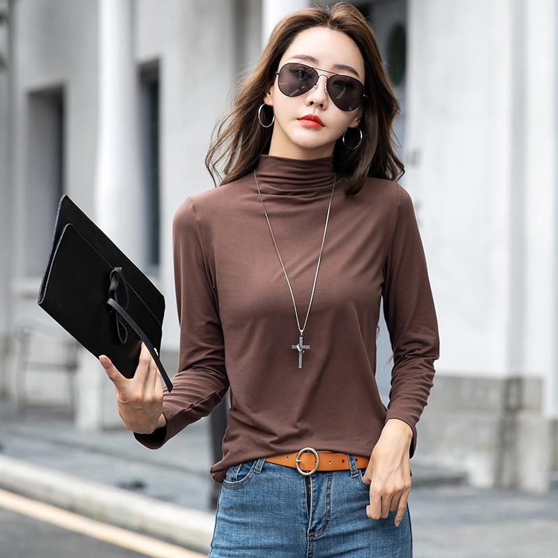 Women's Black Milk Silk Long Sleeve Half Turtleneck T-Shirt with Plus Velvet, All-Season, 2025 New Style