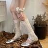 Womens Girls Summer See Through Striped Lace Leg Warmer Cute Ribbon Bowknot Lightweight Leg Cover Long Socks Stockings