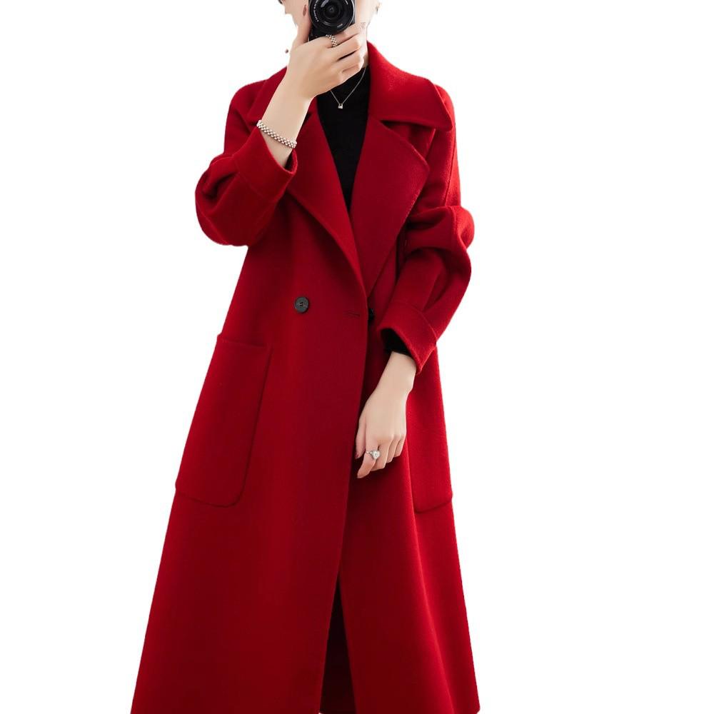 Stylish Extra Long Over-the-Knee 100% Wool Coat with Suit Collar for Women - Korean High-End Autumn/Winter Style