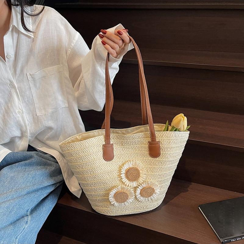 Yogodlns Damen Sommer Stroh Gewebt Große Kapazität Korb Schultertasche Handtaschen Mode Floral Dekor Luxus Designer Strand Bali Shopper Totes