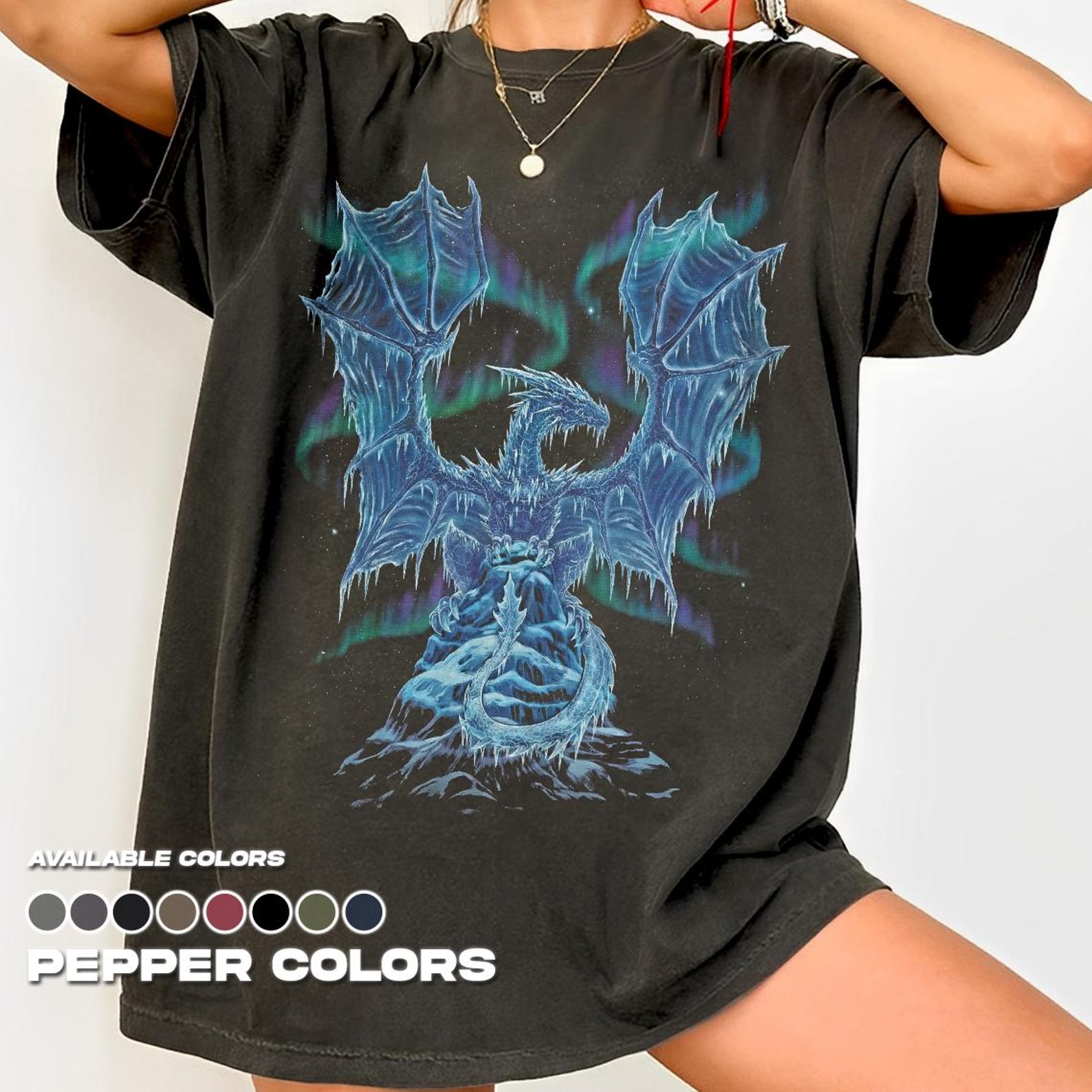 Winter Spirit Dragon T-Shirt, Dark Fantasy Ice Dragon Graphic Tee 4XL