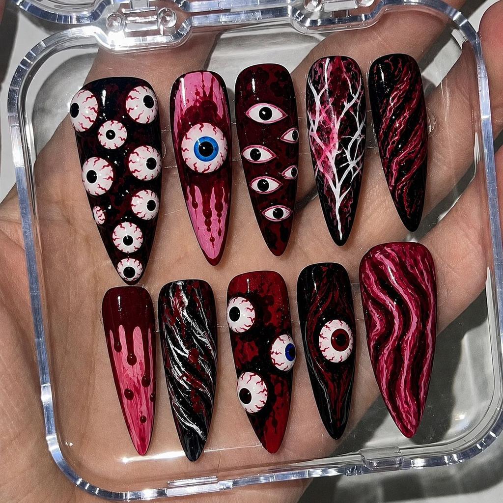 30pcs Halloween Press On Nails Gothic Skeleton Skull Spider Web Black Cat Haunted House Fake Nail Almond False Nail for Women