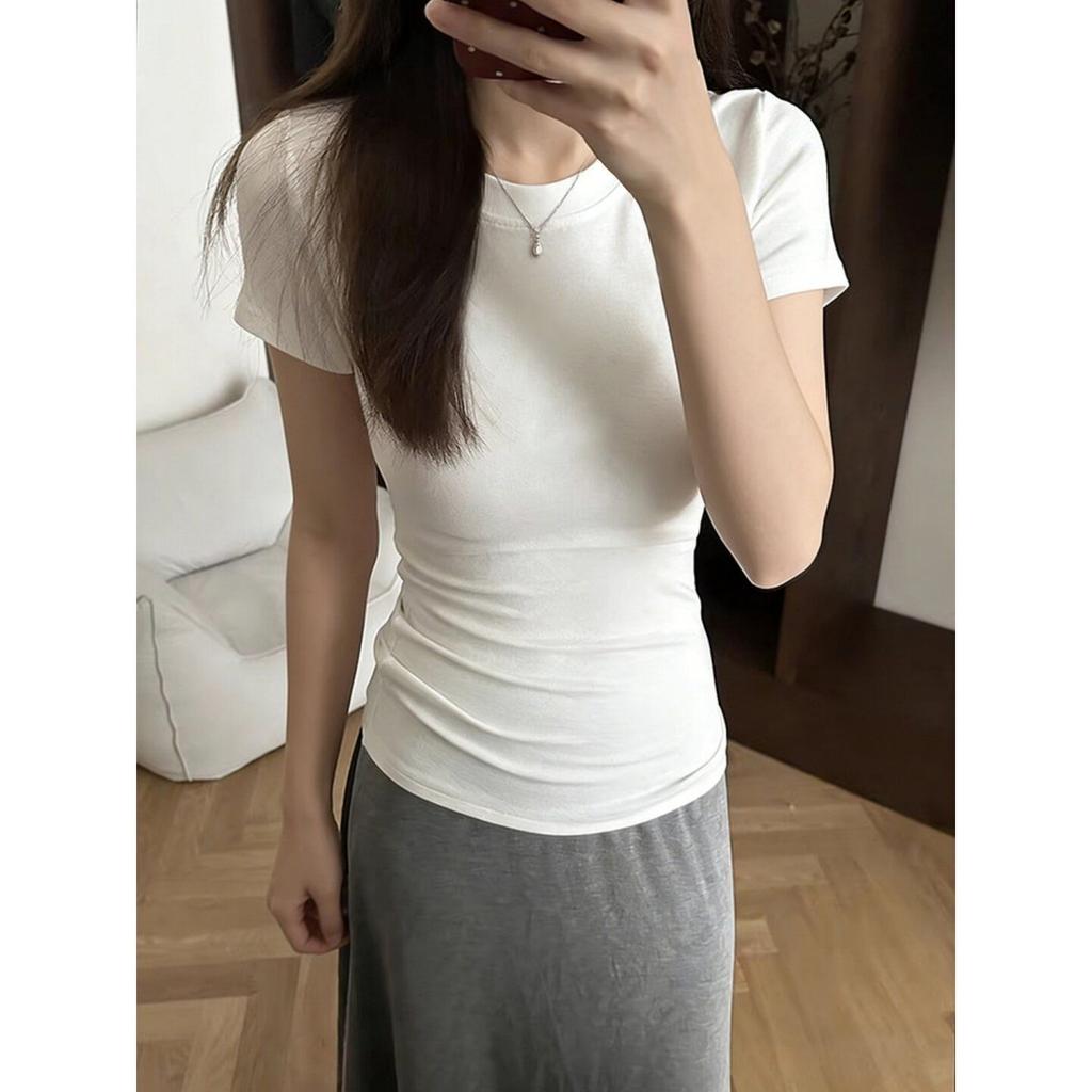 Spring and Summer American Front Shoulder Small Crew Neck Short Sleeve Slim Fit Stacked Wear Mid Waist Skin-friendly Versatile Tights T-Shirt Women