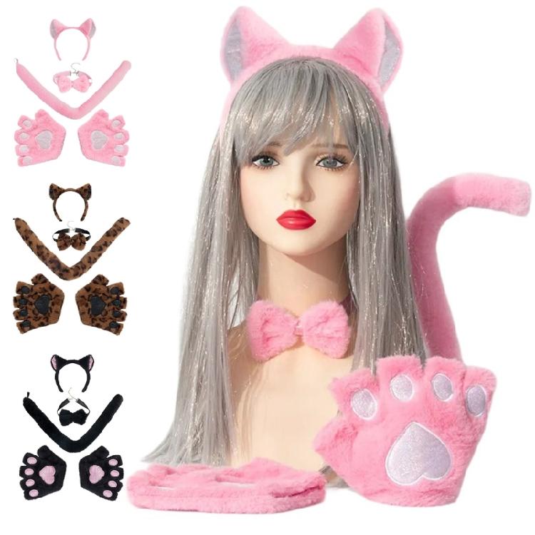 Cats Costume Set Ear Headbands Tail Cats Paw Glove Bowtie Animal Fancy Costume