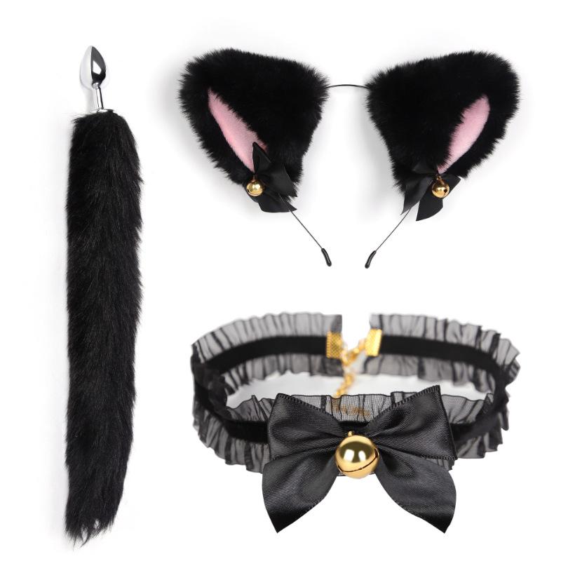 Cat Tail Bell Headband, Anal Plug, Nipple Clamps Flirting Set