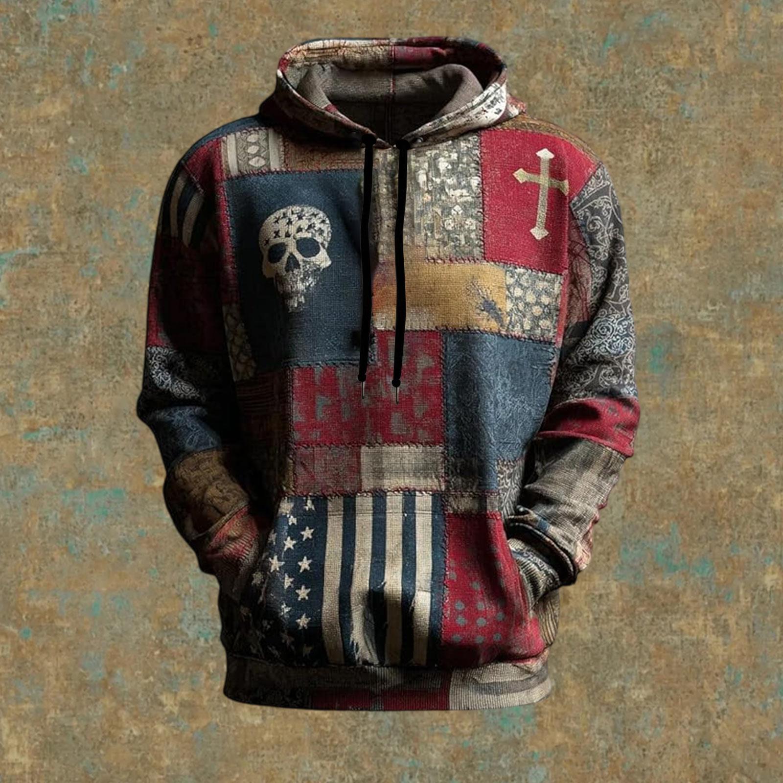 

Men s Vintage Casual American Flag Cross Hoodie Patriotic Shirt XL червоний