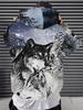 Felpa con cappuccio alla moda streetwear da uomo con un motivo di lupo innevato a tre occhi.