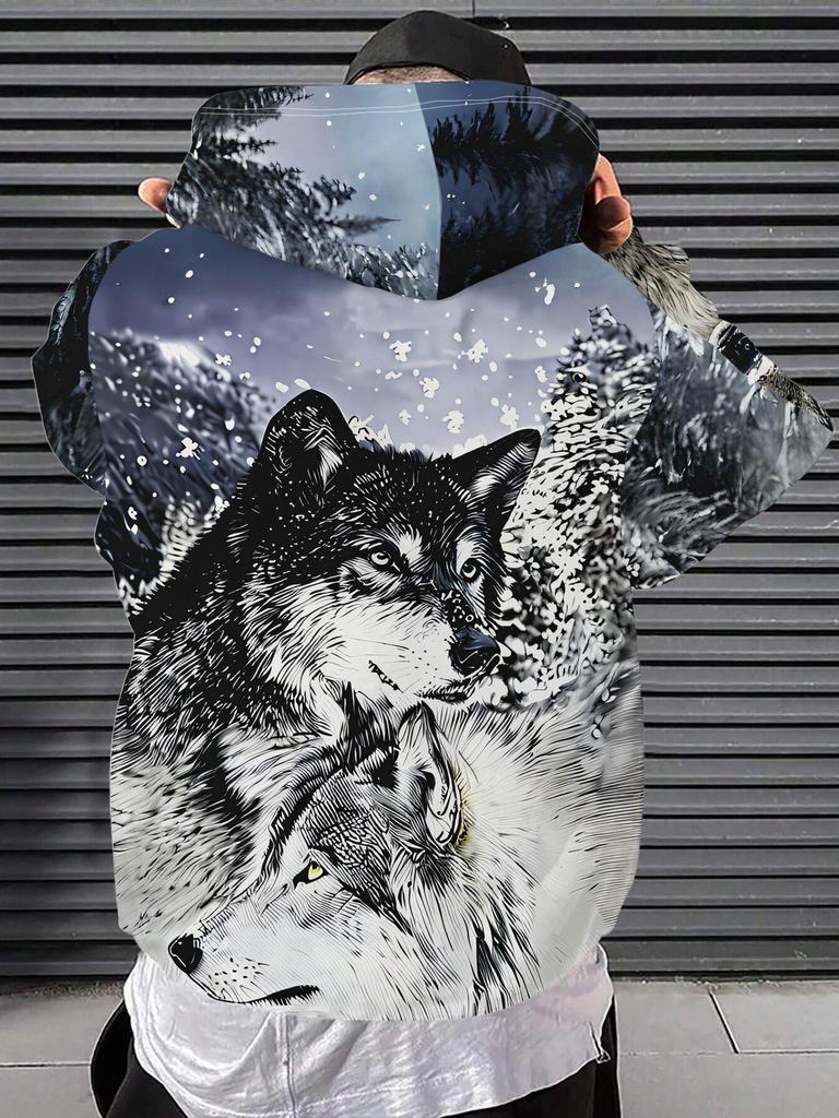 Felpa con cappuccio alla moda streetwear da uomo con un motivo di lupo innevato a tre occhi.