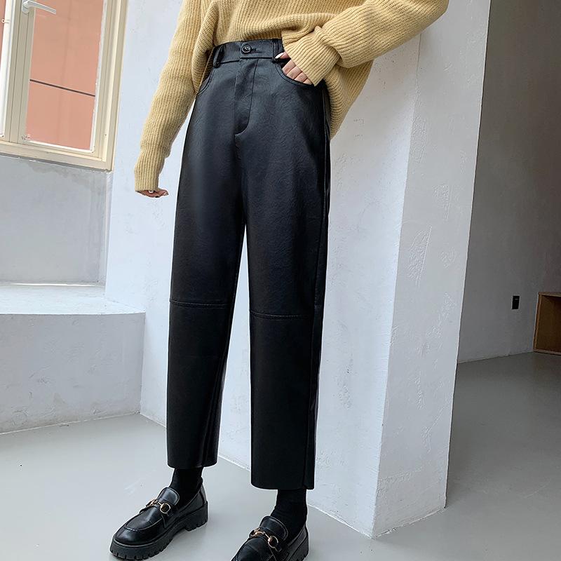 Women's Fall and Winter PU Leather High-waisted Draping Nine-minute Pants Leisure Straight Temperament Pants