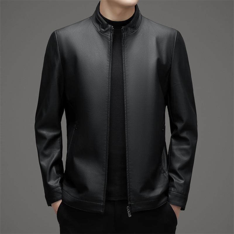 Genuine Leather Jacket Men's Spring and Autumn Velvet Thickened Middle-aged Dad Sheepskin Casual Stand-up Collar Jacket