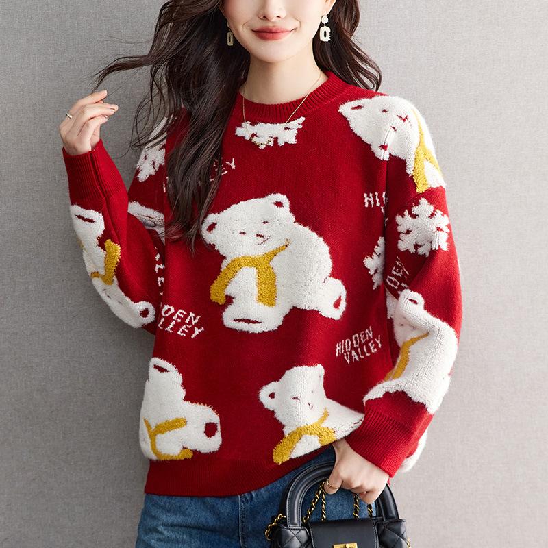 New Red Bear Letter Sweater for Women Round Neck Loose Lazy Pullover Knitted Sweater