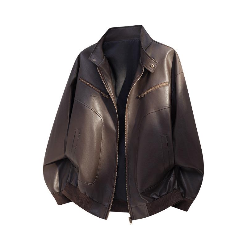 American Windproof Stand-up Collar PU Leather Jacket Men's Autumn Retro Loose Silhouette Locomotive Jacket Pu Leather Jacket