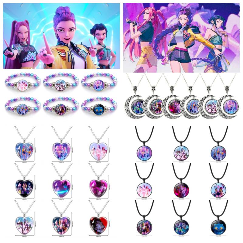 Kpop Demon Hunter Hanging Keychains Heart Necklace Bracelet Set Kpop Huntrix Character Pendant Accessories Fans Party Favor Gift