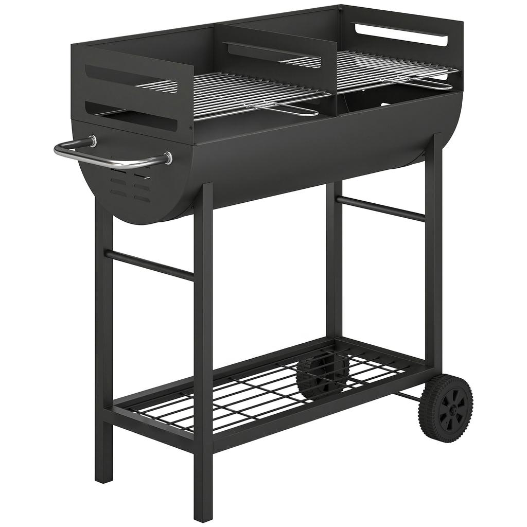 Charcoal Barbecue Grill with 2 Cooking Areas, Portable BBQ Trolley with Wheels, Height Adjustable Grates, Bottom Shelf