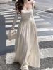 Elegant Square Neck A-Line Dress - Women's Early Spring 2026 Arrival, Long Sleeve, Waist-Cinched Fake Two-Piece Design.