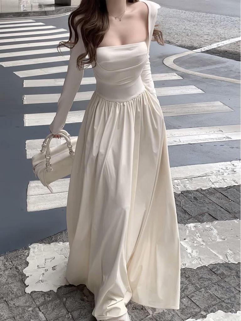 Elegant Square Neck A-Line Dress - Women's Early Spring 2026 Arrival, Long Sleeve, Waist-Cinched Fake Two-Piece Design.