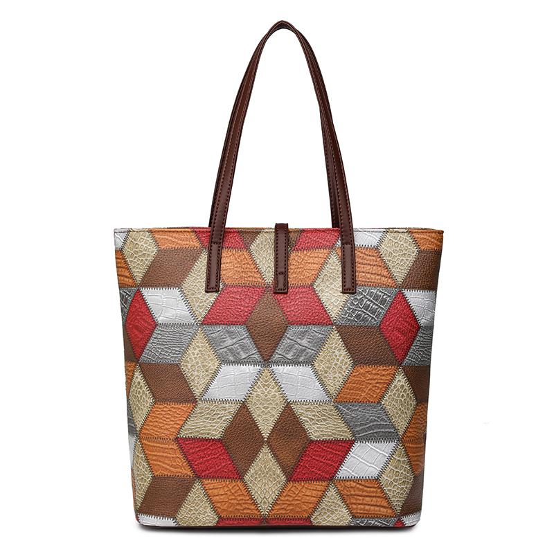 Vintage Velkokapacitní Tote Bag Color Block Dámská taška přes rameno Patchworková kabelka