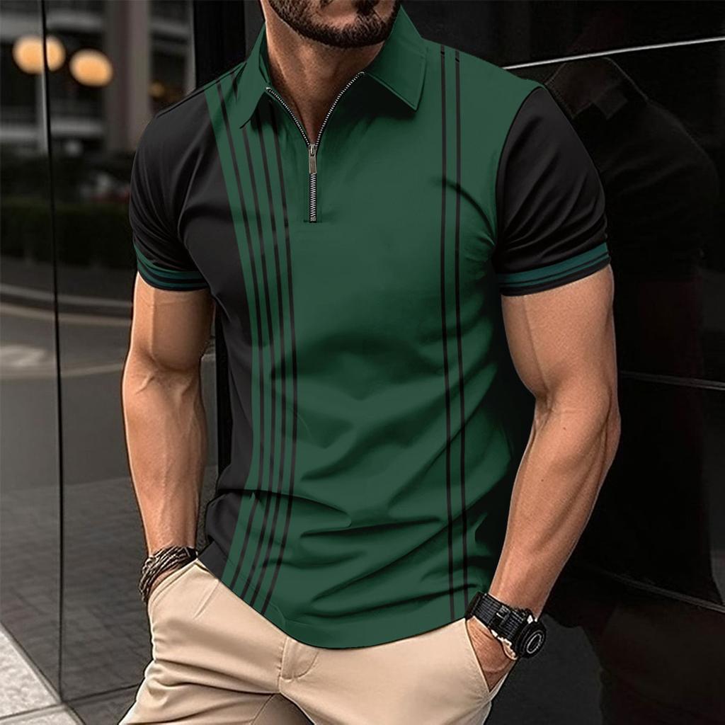 Men's Casual Polo Shirt Striped Short Sleeve T-Shirt Men's Breathable Top Commercial Zipper lapel Street Casual Wear