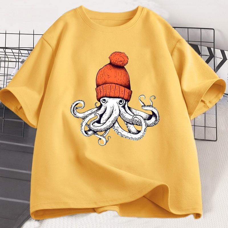 

Octopus Orange Beanie Cotton Tshirt Japanese Style Graphic Tees Casual Cotton Short Sleeve Round Neck Tshirts Unisex Clothes 4XL