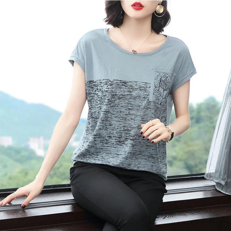 T-shirt Donna Cotone Estate Casual Taglia Larga Ampia Girocollo Pullover Manica Corta Top
