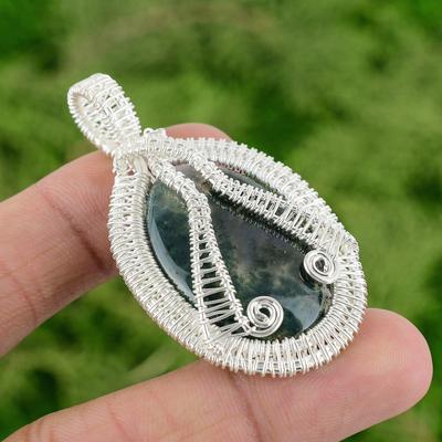 Sterling Silver Solar Moss Agate Gemstone Engagement Wire Wrap Pendant Jewelry