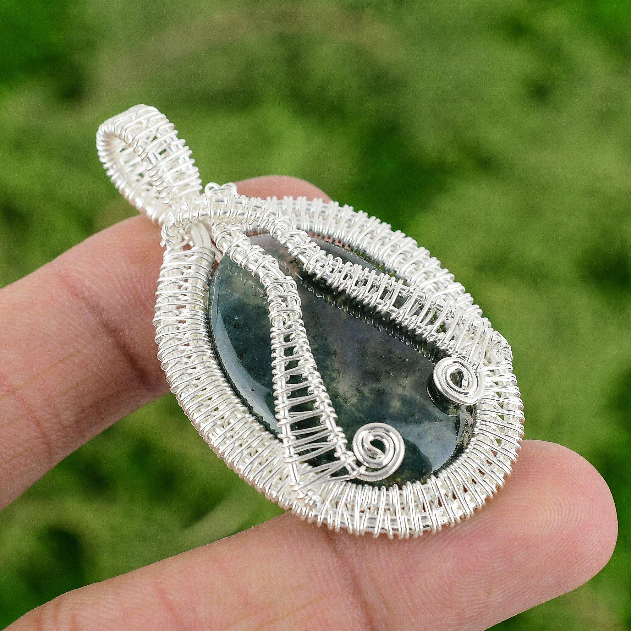 

Sterling Silver Solar Moss Agate Gemstone Engagement Wire Wrap Pendant Jewelry