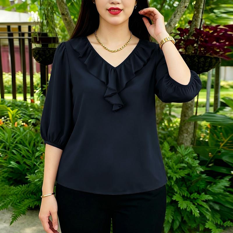 ZANZEA Women Ruffles V-Neck Solid Color Loose 3/4 Sleeve Blouse