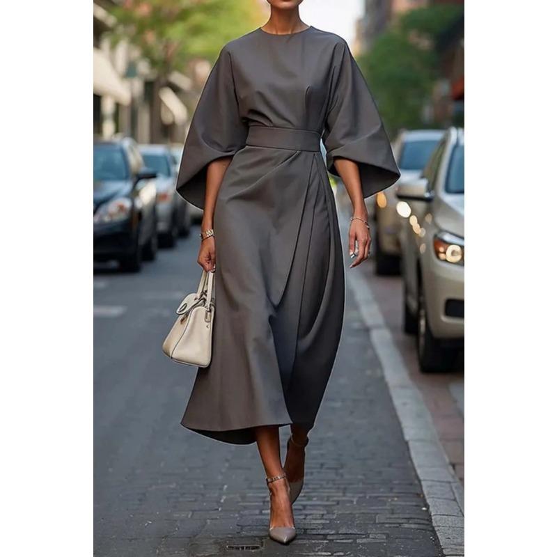 VEZFAA Women's Fashion Spring Fall Solid Color Print 3/4 Sleeves O-Neck High Waist Casual Dresses