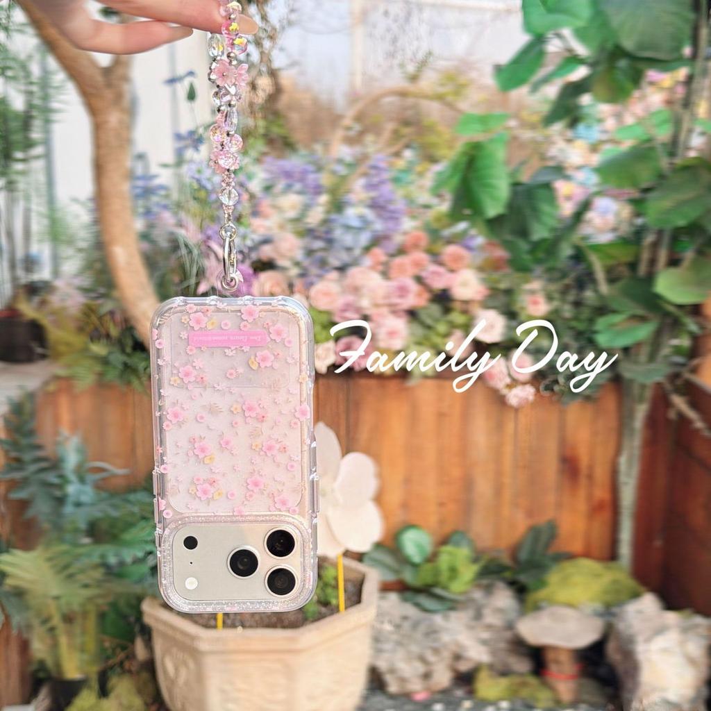 Aesthetic Pink Floral iPhone Case with Chain for Models 13-17 Pro Max