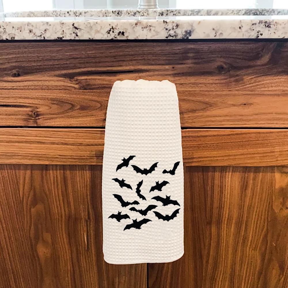 2Pcs Halloween Waffle Tea Towel Bats Halloween Scary Fun Spiders Hanging Tea Towel Kitchen Table Decor Housewarming Hostess Gift