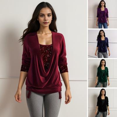 Women Velvet Tops Swing Collar Long Sleeve Drawstring Hem Shirring Pullover Tops Solid Color Sequins Stitching Blouse