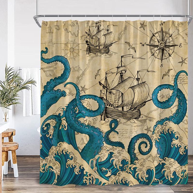 Ocean Red Octopus Shower Curtain Sea Wave Sailboat Lighthouse Nautical Bath Curtains Polyester Fabric Bathroom Decor with Hooks