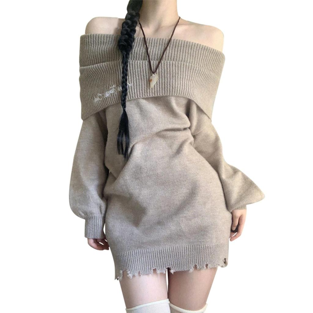 LAVASEON Strikket Koreansk Lang Båt Perfekt for eller Enhver Anledning Off-the-Shoulder Kjole, Tettsittende, Kappe-stil, Sexy, Dame, Søt, Stil, Off-the-Shoulder,