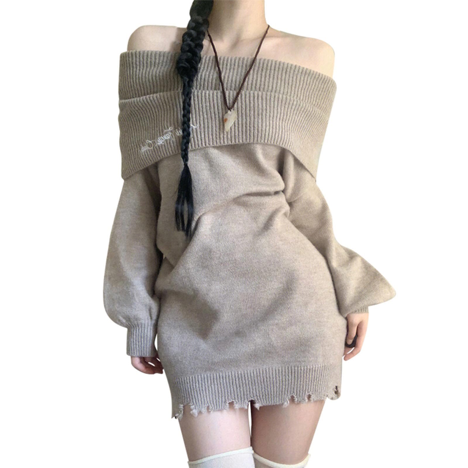 

LAVASEON Knit Korean Long Boat Perfect for or Any Occasion Off-the-Shoulder Dress, Tight, Cape-Style, Sexy, Women s, Cute, Style, Off-the-Shoulder, серый