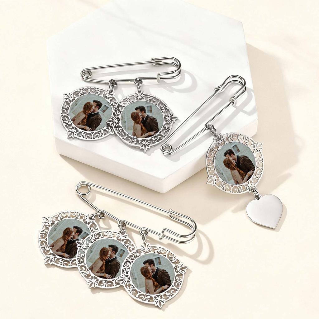 Custom Wedding Oval Bouquet Photos,Charms Stainless Steel Waterproof 1-3 Memorial Picture Pin Brooch Funeral Pin Jewlery Gift