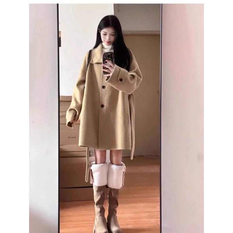 Women's Khaki Wool Coat - Autumn/Winter 2025, High-End Korean Style, Petite & Plus Size.