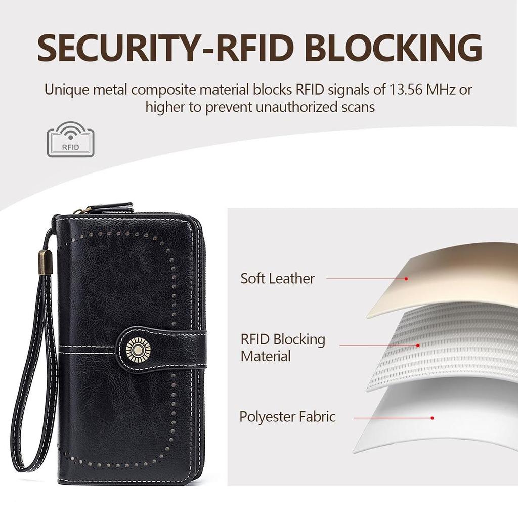 Oil Wax Cowhide Long Wallet: Genuine Leather Large-Capacity Anti-Theft Wallet for Women