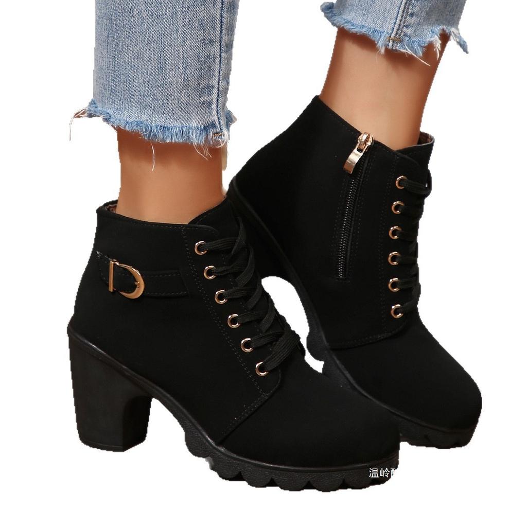 Foreign Trade Thick Heel Short Boots Round Head Lace-up and Bare Boots New High Heel Side Zipper Martin Boots Women's Single Boots Belt Buckle