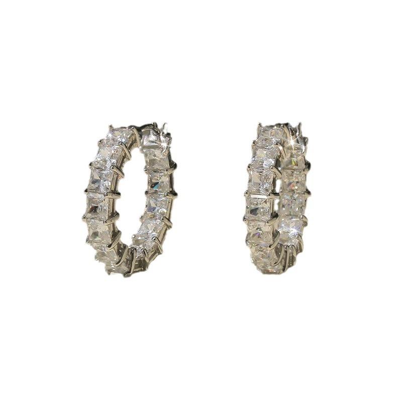 Fashion Micro-Inlaid Square Super Flash Zircon Earrings, Light Luxury Temperament Circle Earrings Women, Versatile Earrings