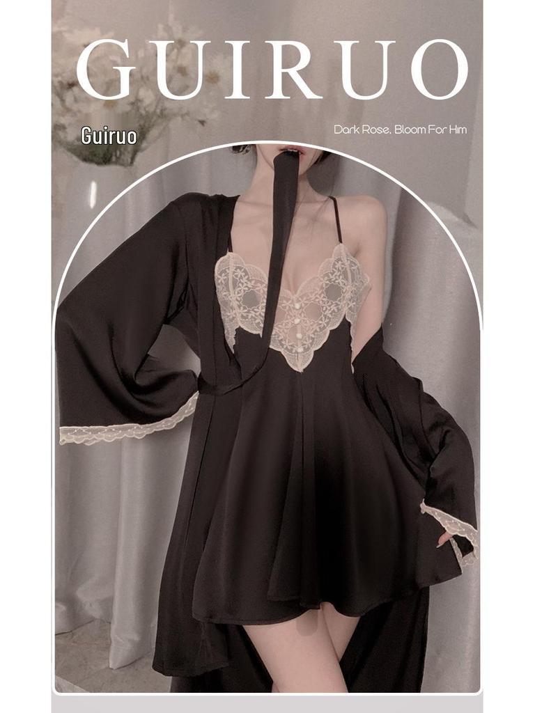 Elegant Spring/Summer Lace Pajama Set: Backless Camisole Nightgown & Cardigan