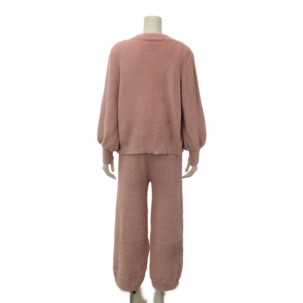 RAVIR Set de Pijama de Iarnă Pufos și Drăguț și Cami și Lung cu Mărgele Mărime Universală Potrivit pentru Toate Femeile Articole de Casă, (Top Funduri), Set 3 piese, Tricotat, Roz,