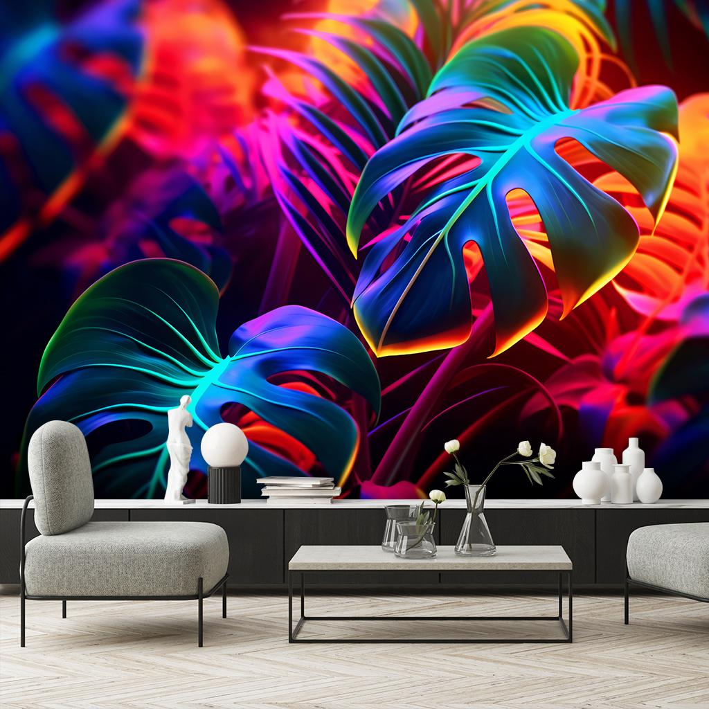 Tapete Monstera Blätter in Neonfarben