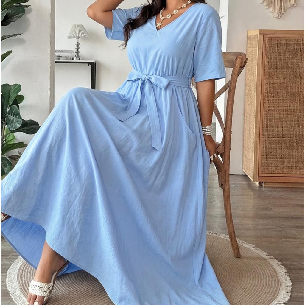 Big-size V-neck Belted Waistline Dress for Summer, Slimming Effect, Long Pocket Dress