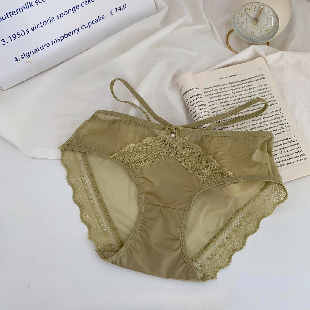 Ladies Spring and Autumn Sexy Lace Cross Strap Breathable Mesh Cotton Crotch Panties